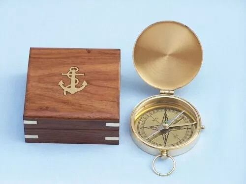 Solid Brass Gentlemen's Compass with Rosewood Box, 4", Brass