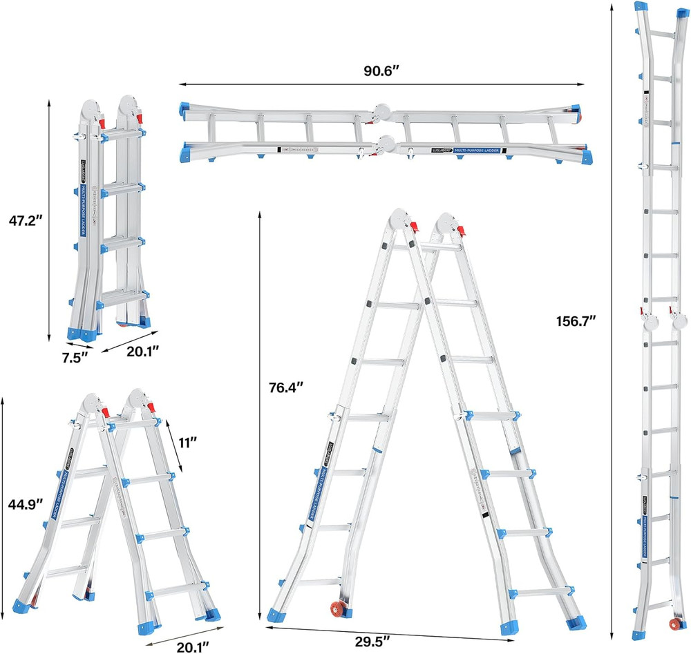 4-Step Telescoping Ladder, 17ft Reach, 330lbs Capacity, Wheels & Flared Legs