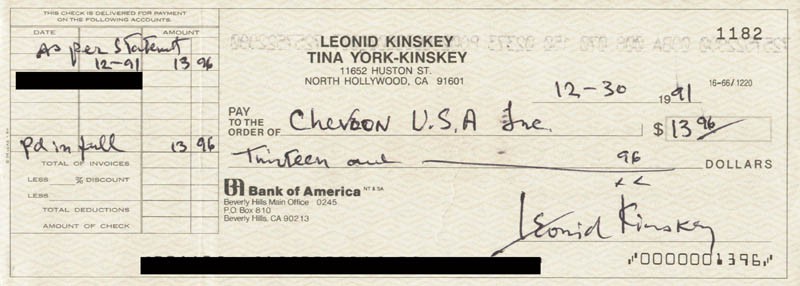 LEONID KINSKEY - AUTOGRAPHED SIGNED CHECK 12/30/1991