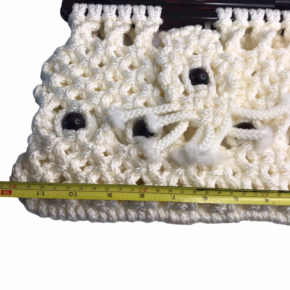 Vintage 70's Macrame Purse Ivory Plastic Handle Initials Boho Chic