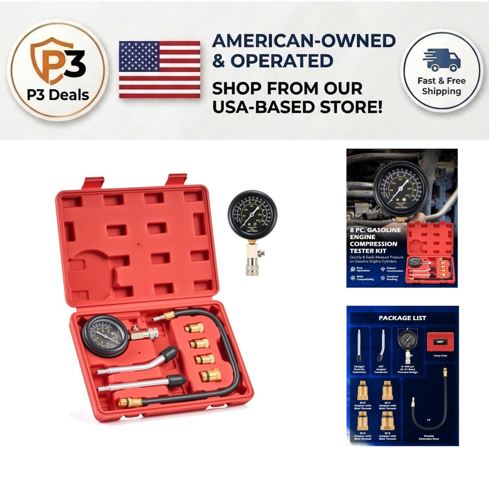 Durable 8pc Gasoline Compression Gauge Set with Flexible Hose & Adapters