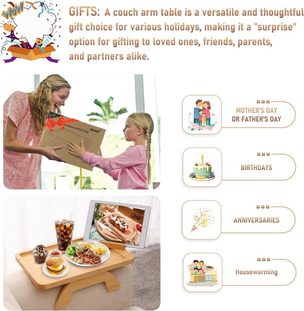 Modern Bamboo Armrest Table for Snacks/Remote, Rectangular