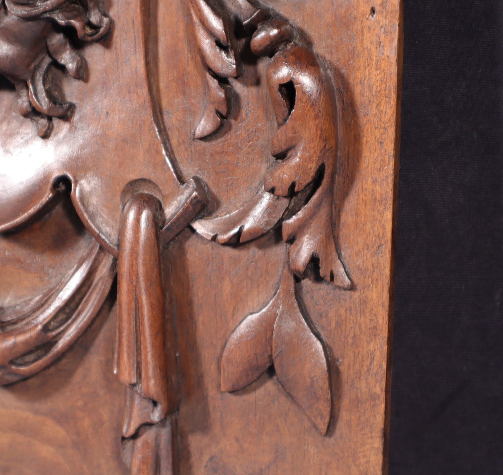 15" Tall Antique French Solid Walnut Wood Panel with Highly Carved Devil/Face