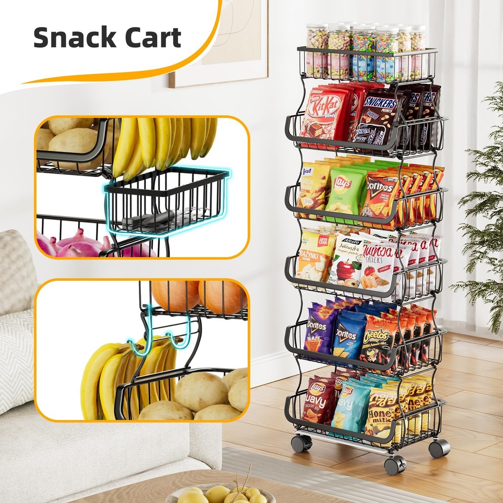 6 Tier Rolling Cart, Stackable Fruit Vegetable Basket with Wheels and 2 Hangi...