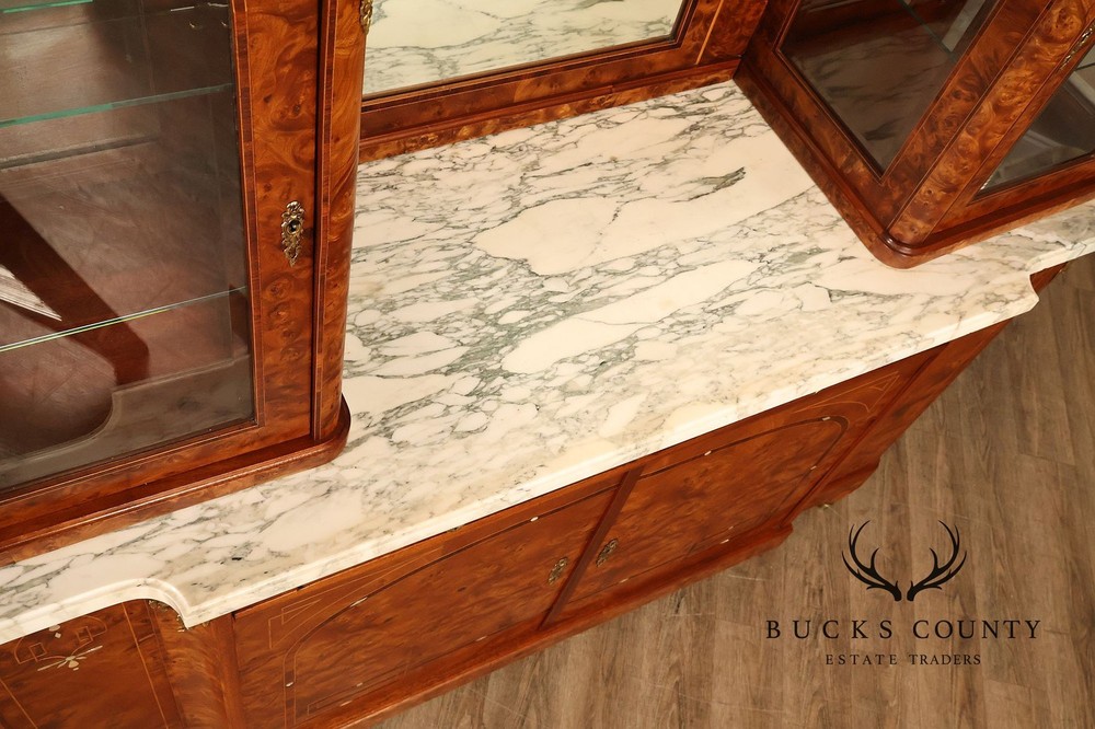 Walnut Marble Top Sideboard With Display Cabinets