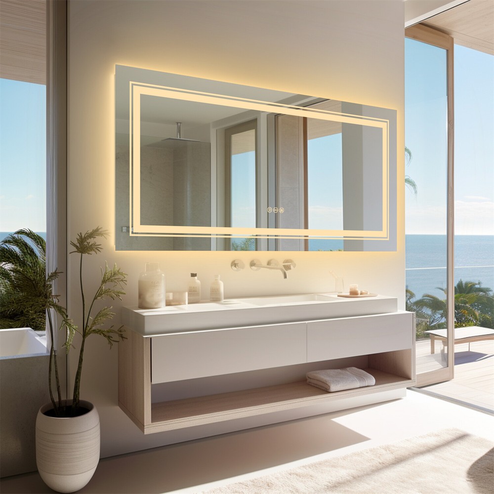 Extra Large Antifog LED Wall Bathroom Vanity Mirror with Front and Backlit Light