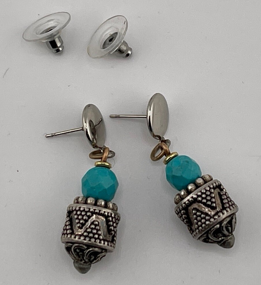 Marsha Archer 1 3/4” Dangle Turquoise & Silver Earrings Pierced Ears/Stud Back