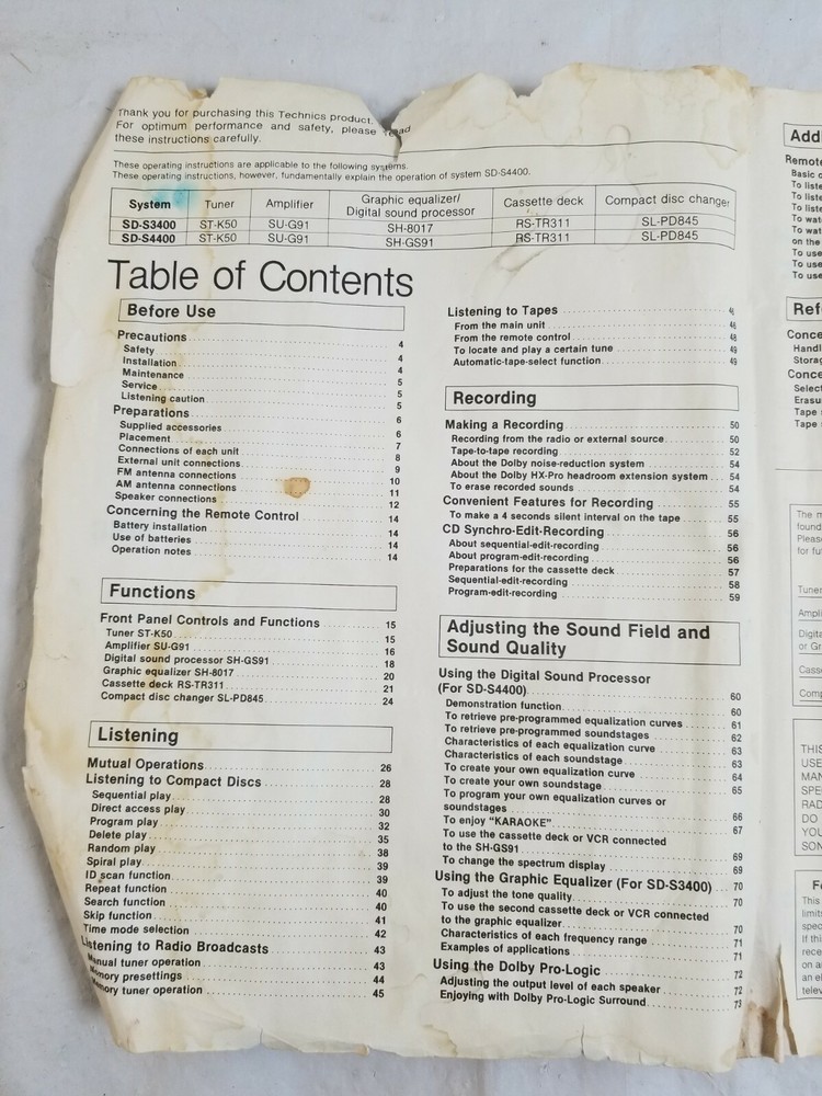 TECHNICS SD-S4400 & SD-S3400 Operating Instructions