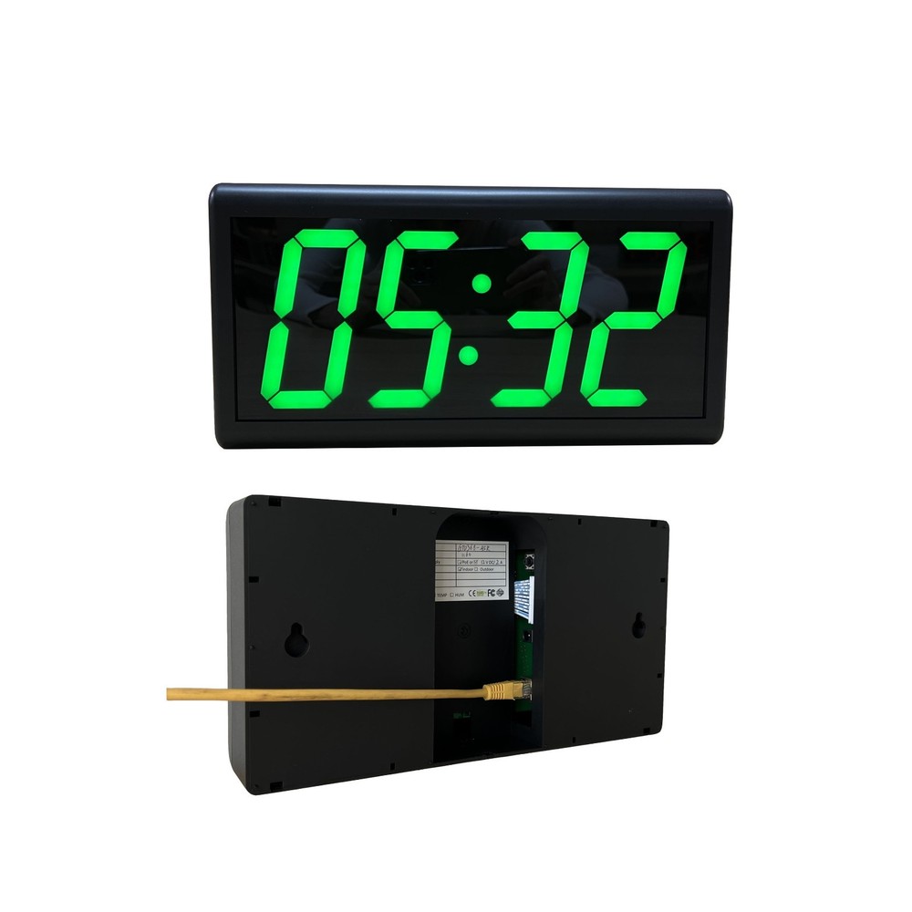 Green Digital PoE Network Synchronized Clock, Plastic Case, Black Glass Screen