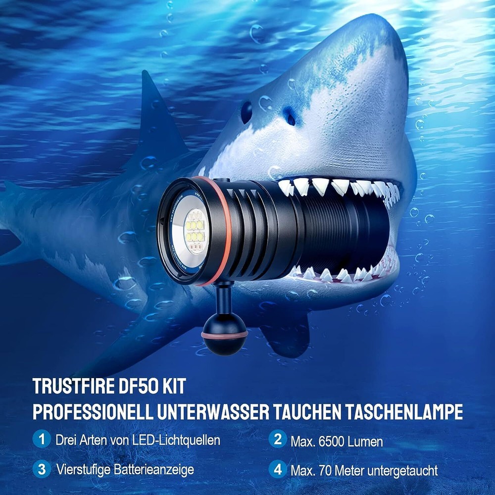 Trustfire DF50 6500Lumen Kit led Diving Light Scuba Flashlight 3 Mode Light -70M