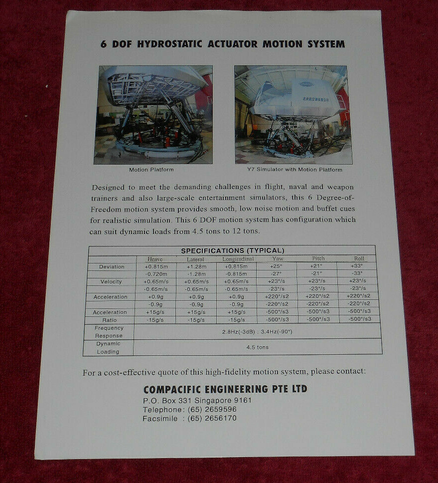 Compacific Engineering 6 DOF Hydrostatic Actuator Motion System Specs Sheet