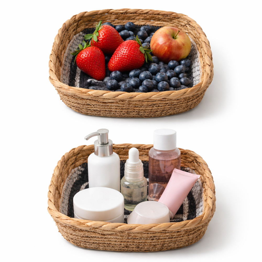 Handmade Woven Bread Basket Square Straw Fruit Snack Organizer