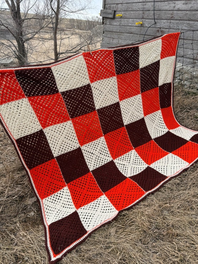 Vintage 1970s Crochet Patchwork Afghan Throw Boho Retro