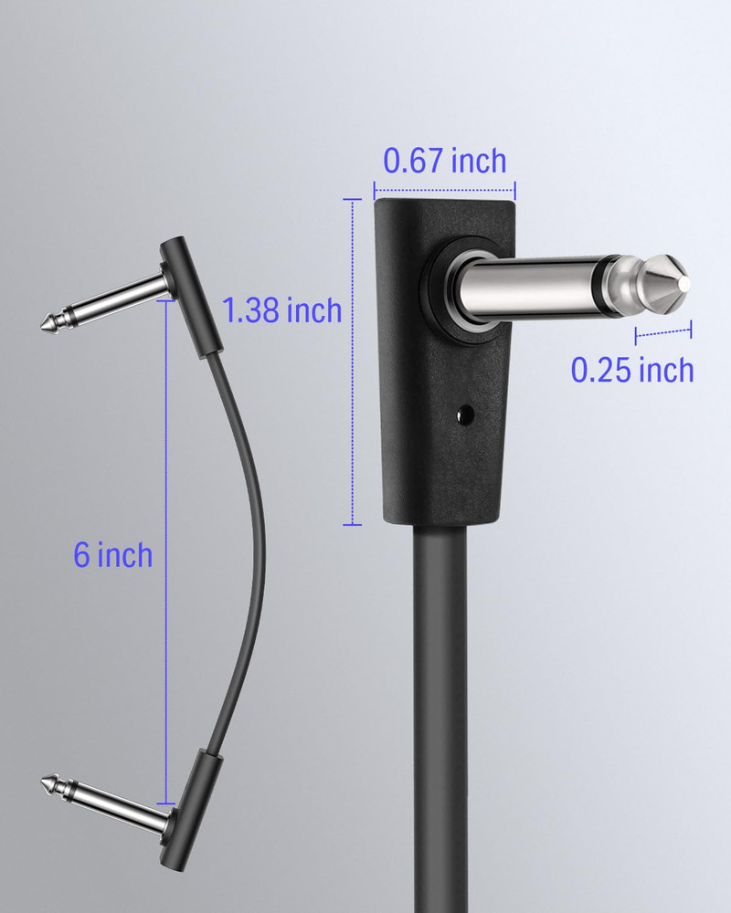 Flat Patch Cables for Guitar Effects Pedals, 6-Inch Right Angle, 6-Pack