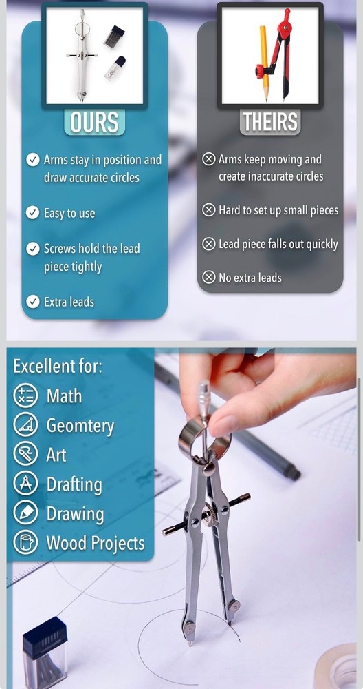 Mr. Pen- Professional Compass for Geometry, Extra Lead, Metal Compass, Drafting