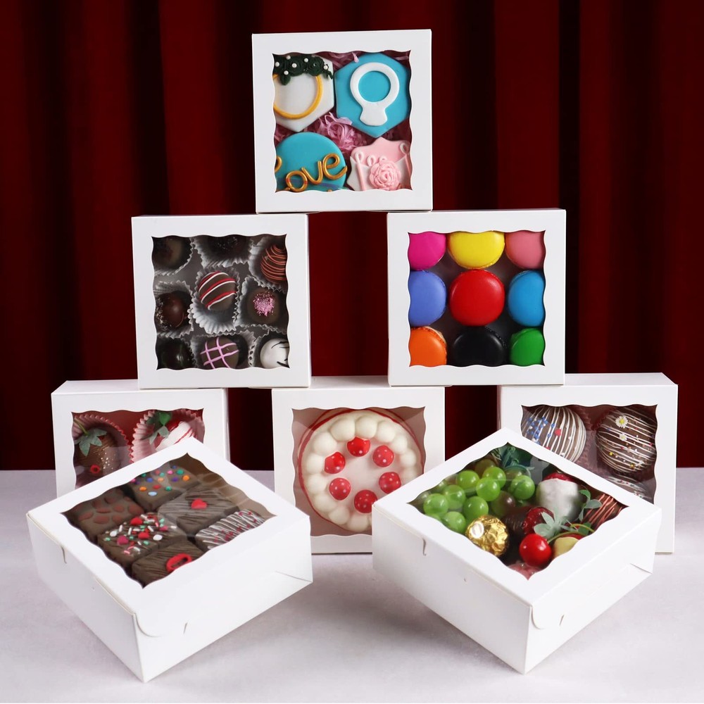 55pcs 6"x6"x2½" White Bakery Boxes with Window Cookie Boxes Small Cake Boxes ...