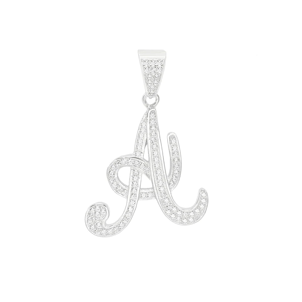 925 Sterling Silver Micro Pave Set CZ Initial Letter A-Z Cursive Script Pendant