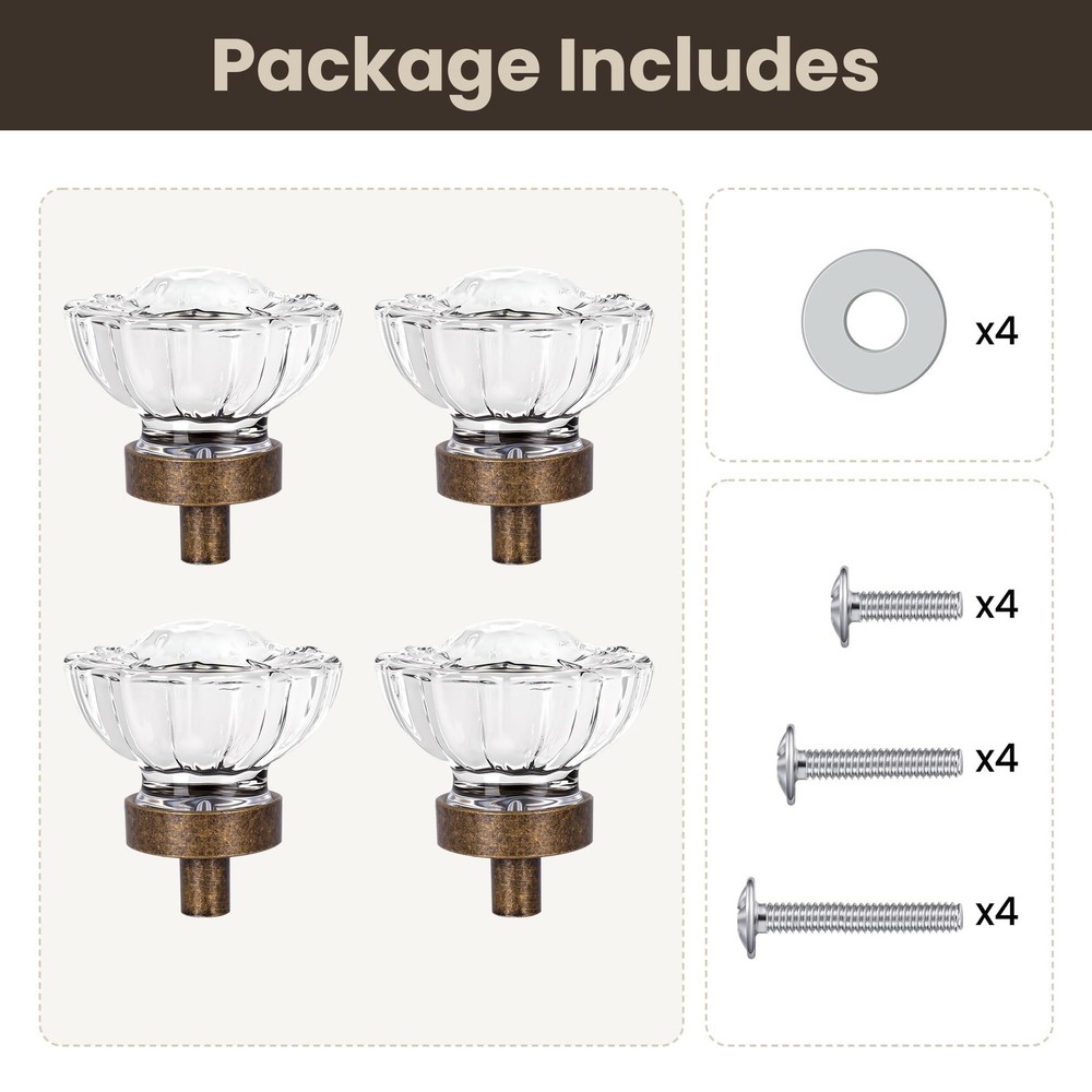 4 Pack Crystal Glass Cabinet Knobs, Vintage Antique Brass Drawer Knobs Aged B...