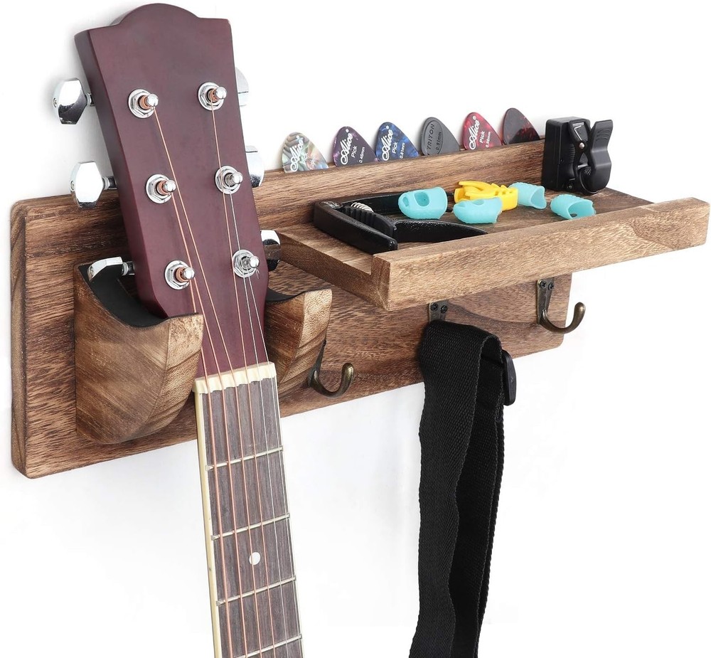 Rustic Wall Mount Guitar Hanger Shelf with Pick Holder & 3 Hooks - Carbonized...