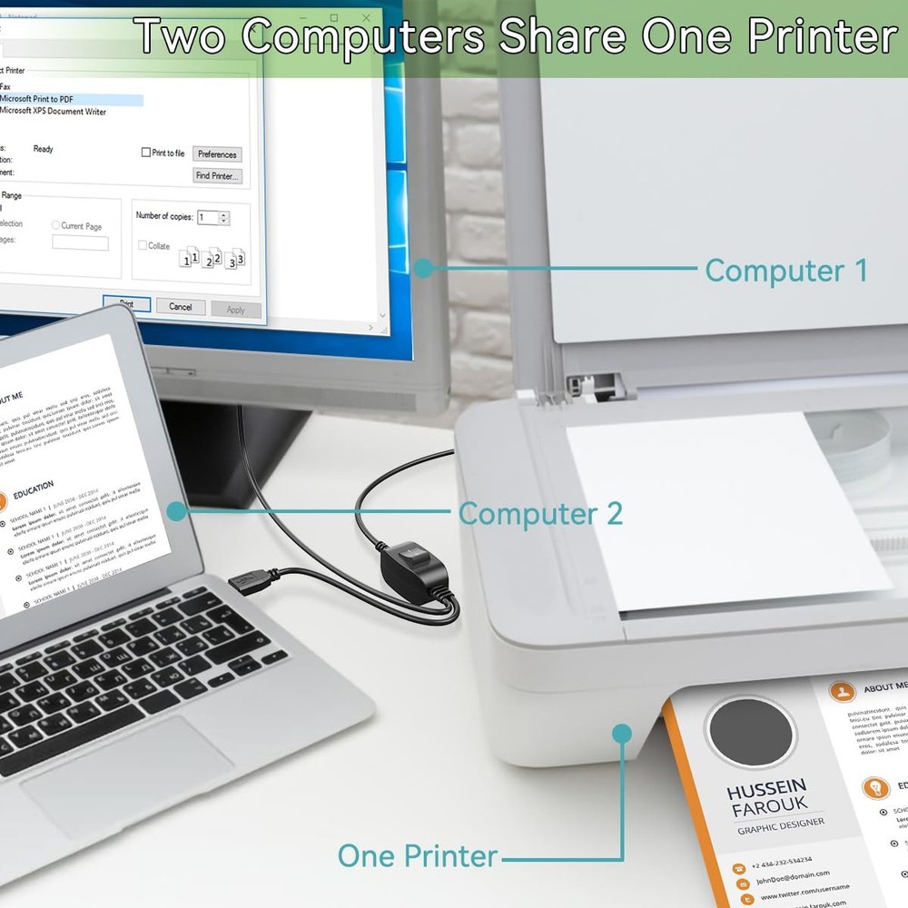Printer Cable Splitter for Two Computers USB Individual Cable, Black