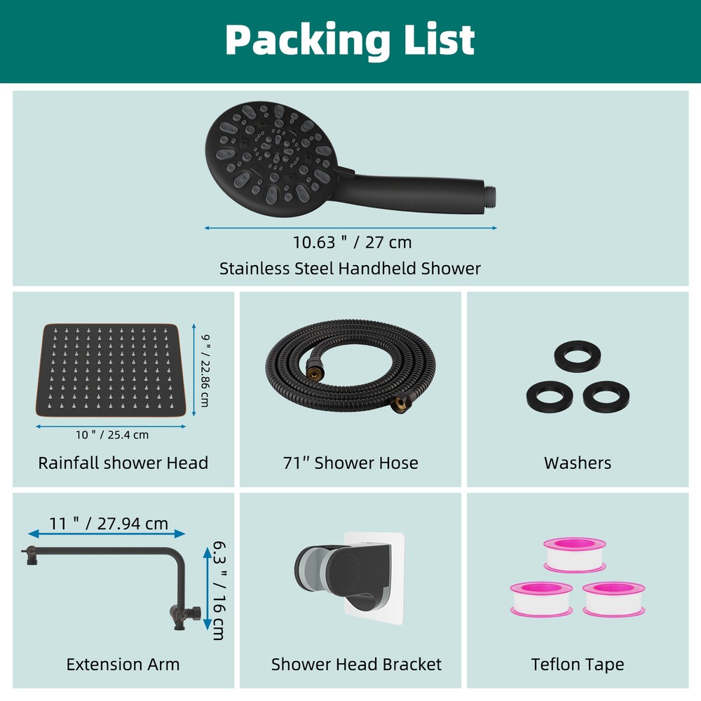 10” Rain Square Shower Head with Handheld Spray Combo High Pressure Adjustable