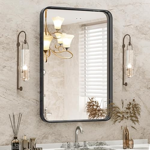 Black Metal Framed Vanity Rounded Rectangle 30"L x 22"W Matte Black Modern
