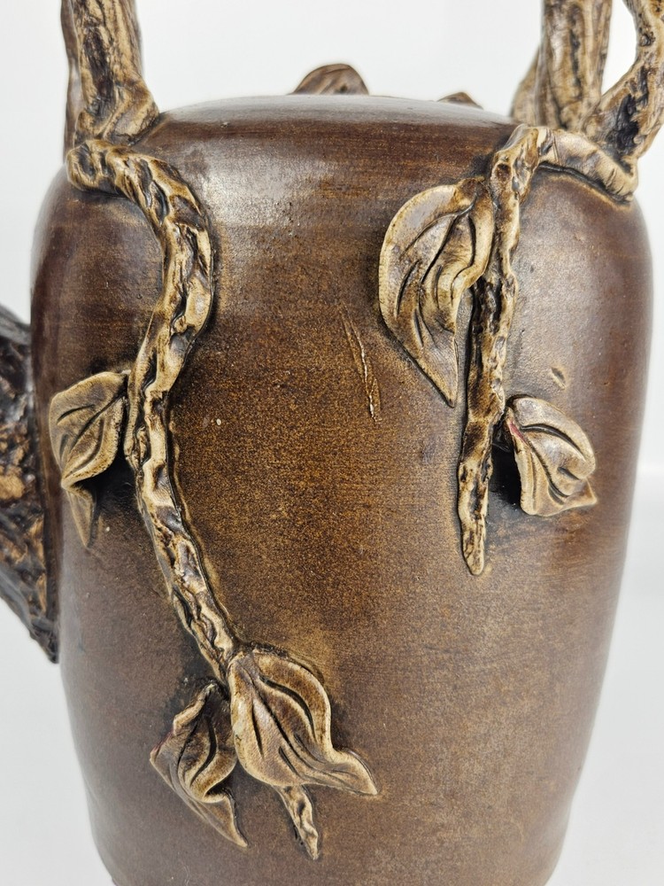 Studio Art Pottery Teapot Sculptural Branch Handle Applied Vine Leaf Stoneware