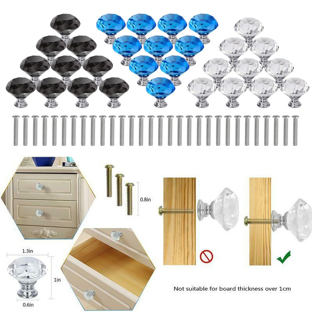 Diamond Shape Crystal Glass Cabinet Knobs Drawer Kitchen Dresser Handle Pull Lot