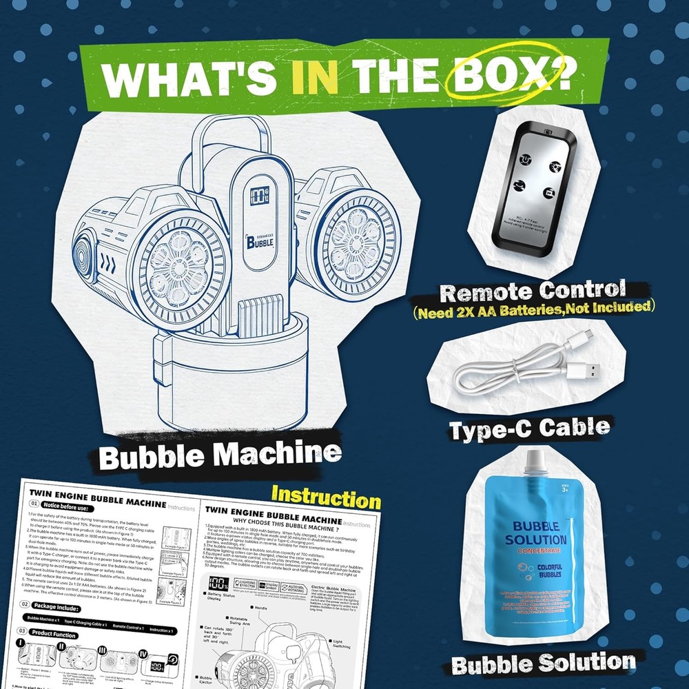 Dual-Engine Bubble Machine with RGB Lights & Remote Control, 150° Auto Rotation,