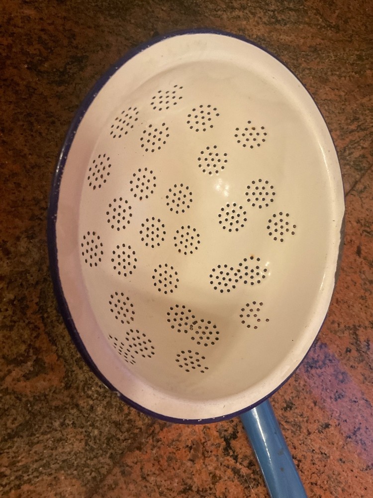 Antique Vintage Enamelware Strainer Colander White / Blue Rare Kitchen