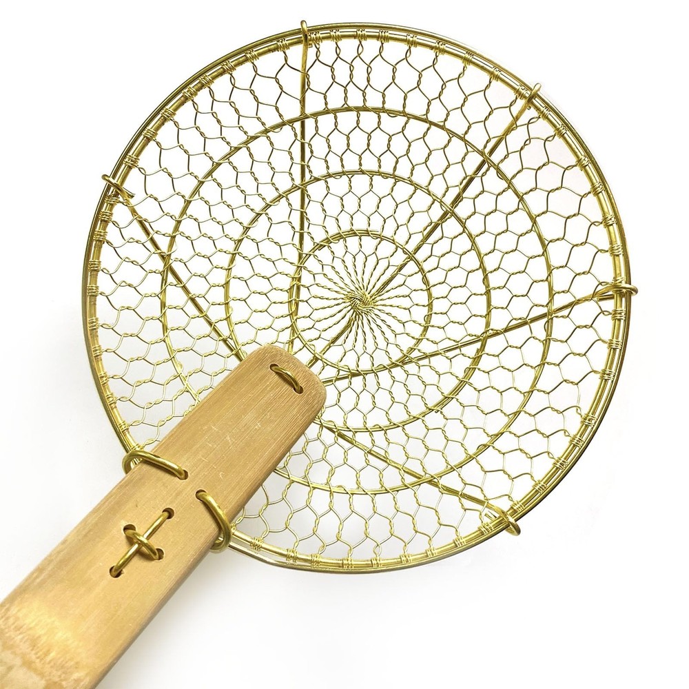 Sunrise Kitchen Supply 6" Round Brass Spider Strainer with Bamboo Handle