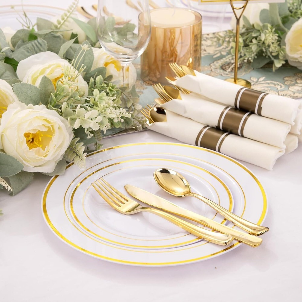 350 Pieces Gold Plastic Disposable Dinnerware Set w/Silverware and Cups Plates