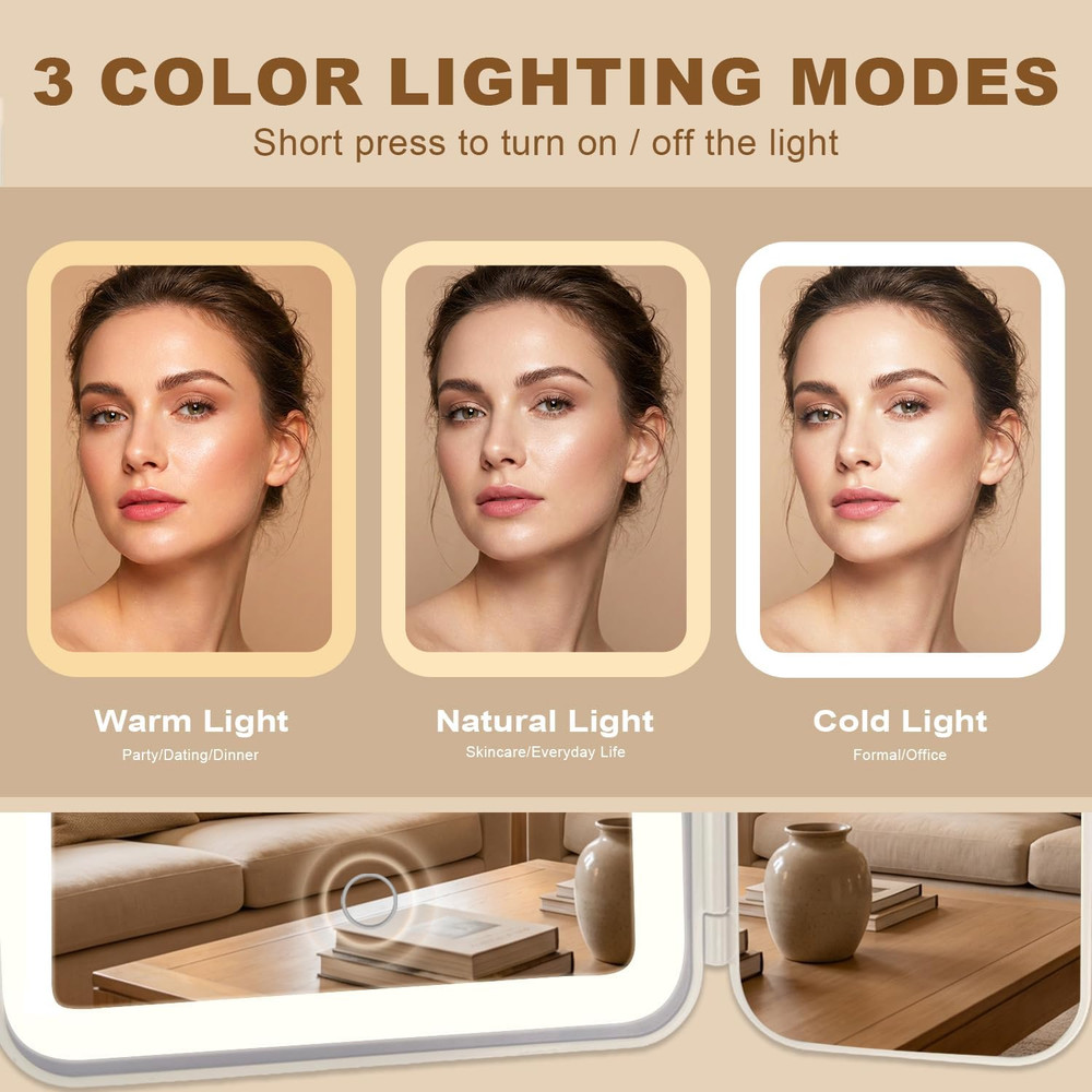 Trifold LED Makeup Mirror with Suction Mount, 3 Color Lights & Magnification