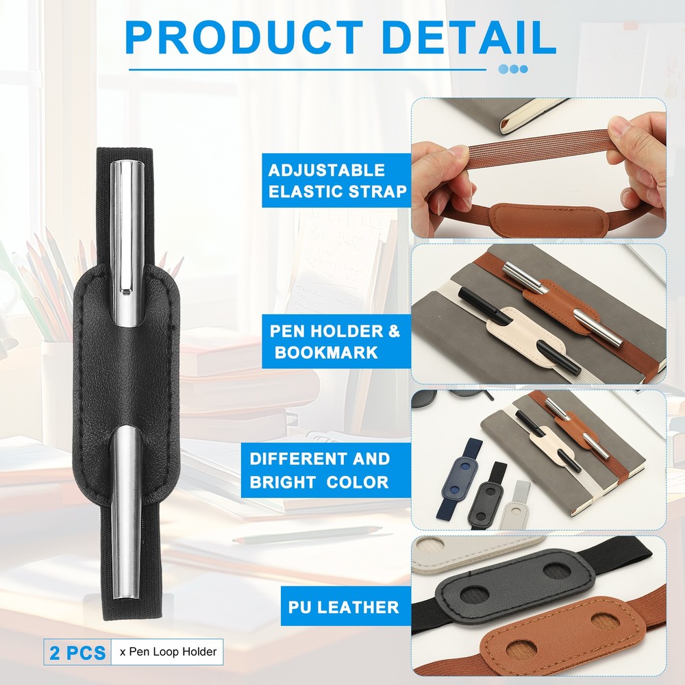 2 Pcs Adjustable Pen Loop Holder Pencil Sleeve Elastic Strap Band, Black