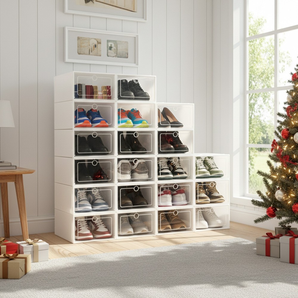 20 Pcs Shoe Box Clear Plastic Stackable Shoe Storage Foldable Shoe Containers