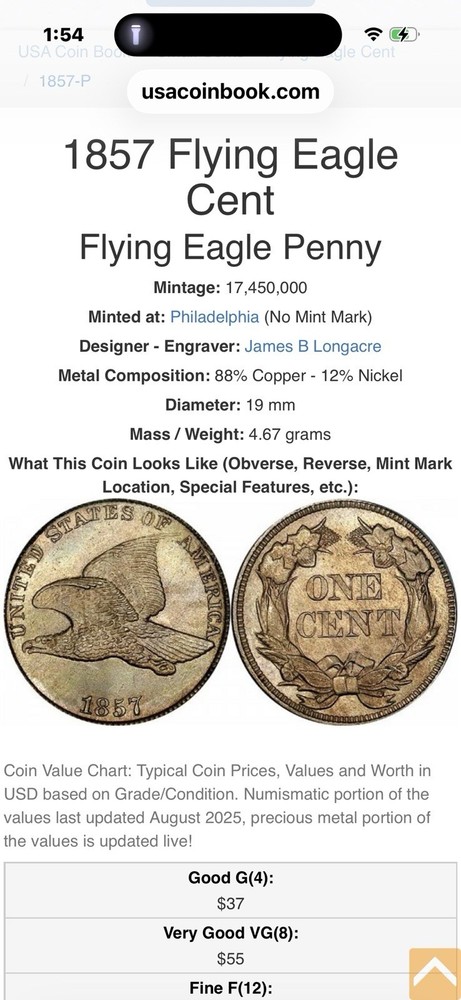 1857 Flying Eagle Cent Good/Very Good Condition.