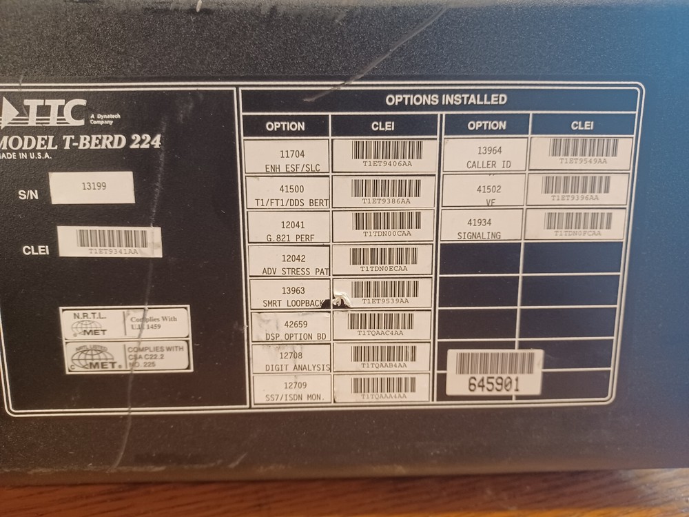 TTC T-BERD 224 PCM Analyzer / Multiple Options / Manual / Quick Cards