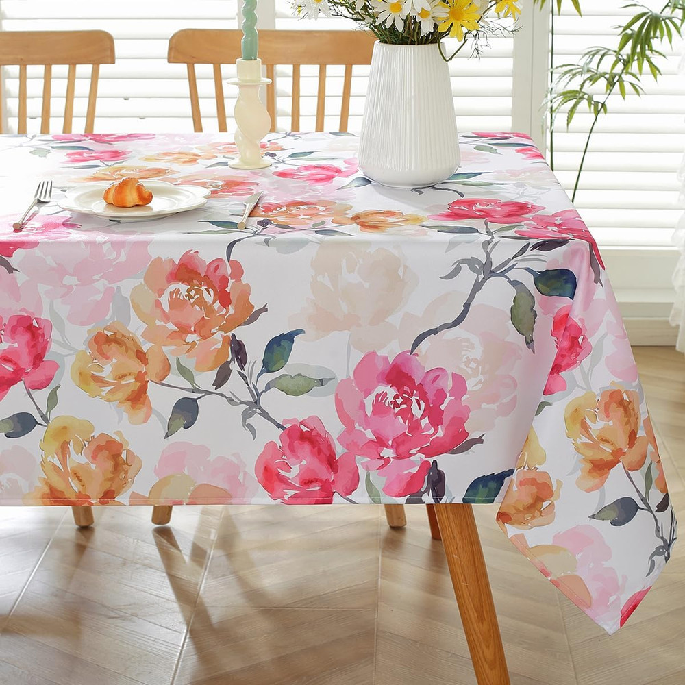 Spring Pink Rose Watercolor Tablecloth 52"x70" Rectangular Floral Cover