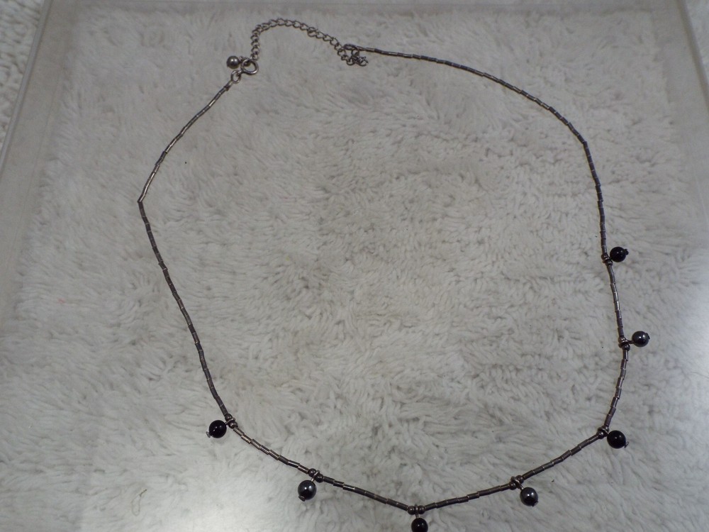 Sterling Silver 925 Black Obsidian Bead Necklace (C35)