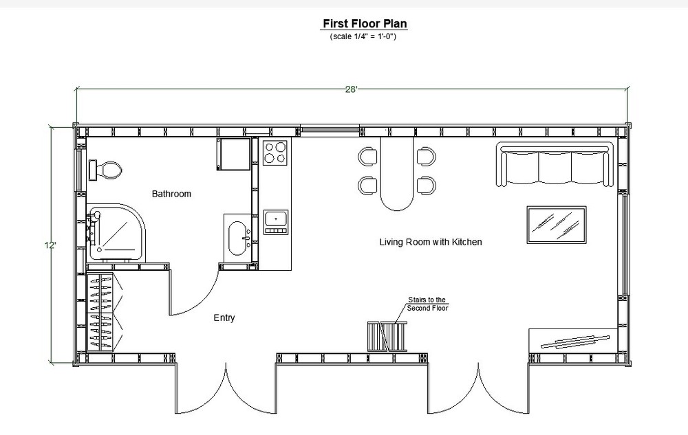 12'x28' Tiny House Plan, Two Story Modern Cottage Construction Blueprints