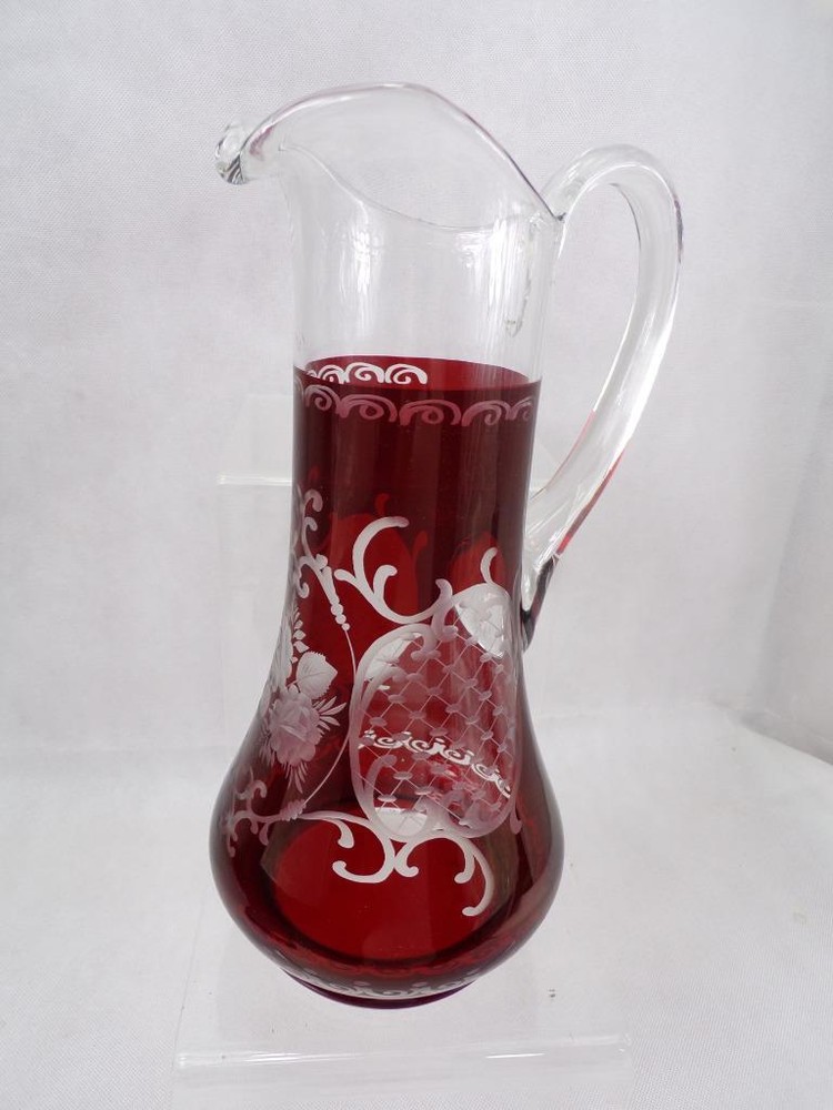 Vintage flashed ruby glass jug cut to clear                                  W10