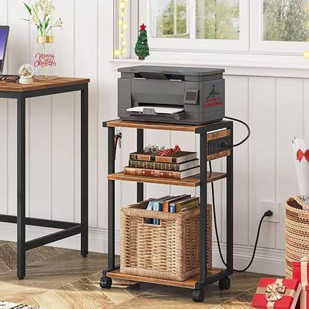 3-Tier Rolling Printer Stand with Charging Station and Adjustable Shelf, Rustic
