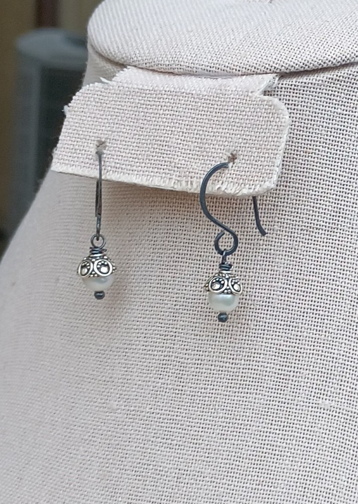 Artisan Blackened Sterling Silver & Pearl Earrings, NEW