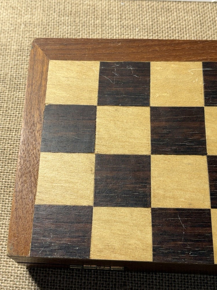 Vintage Wood Chess Set Folding Board Storage Box Complete **READ