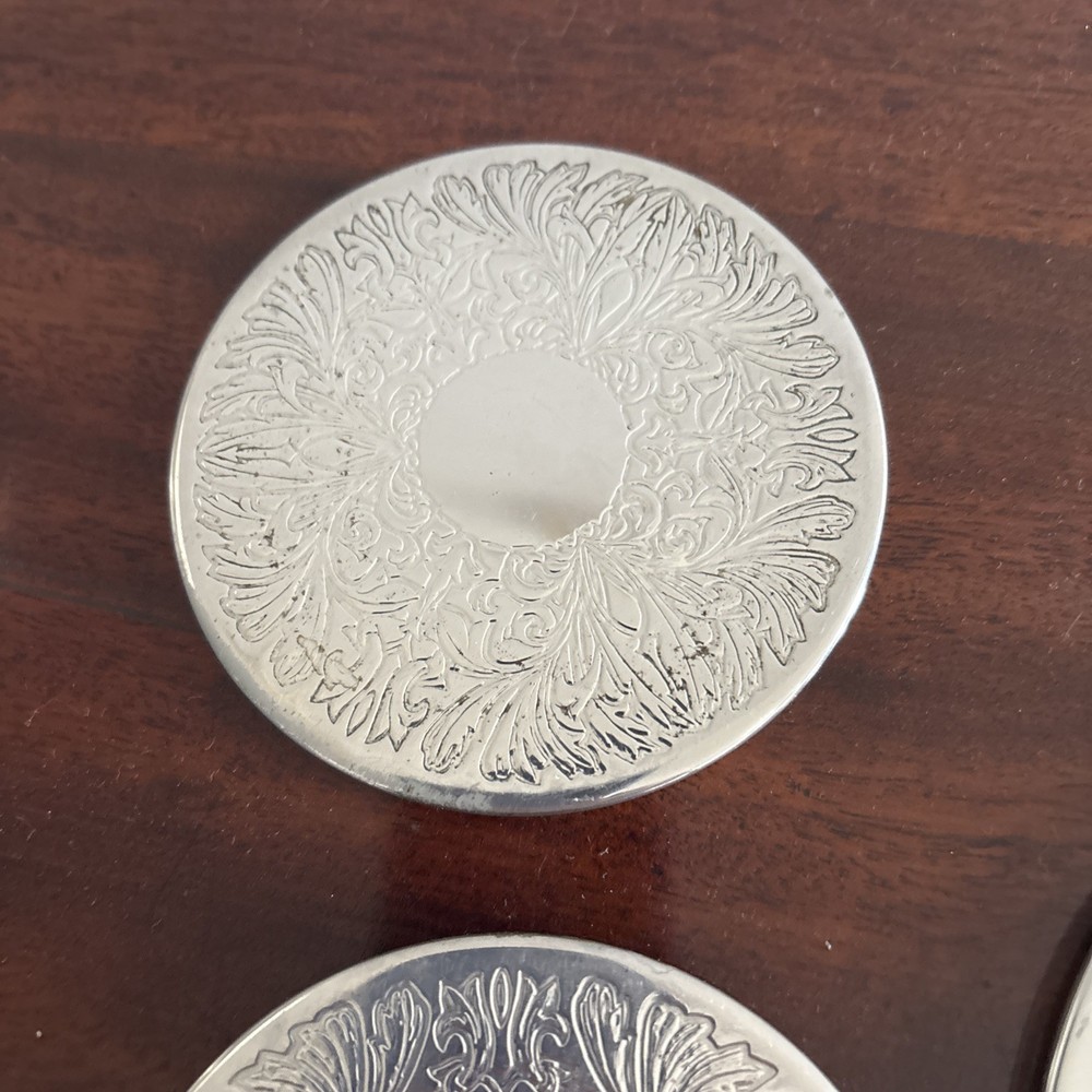 Vintage Silver Plated Coaster Set 6 Piece With Holder Engraved Tableware