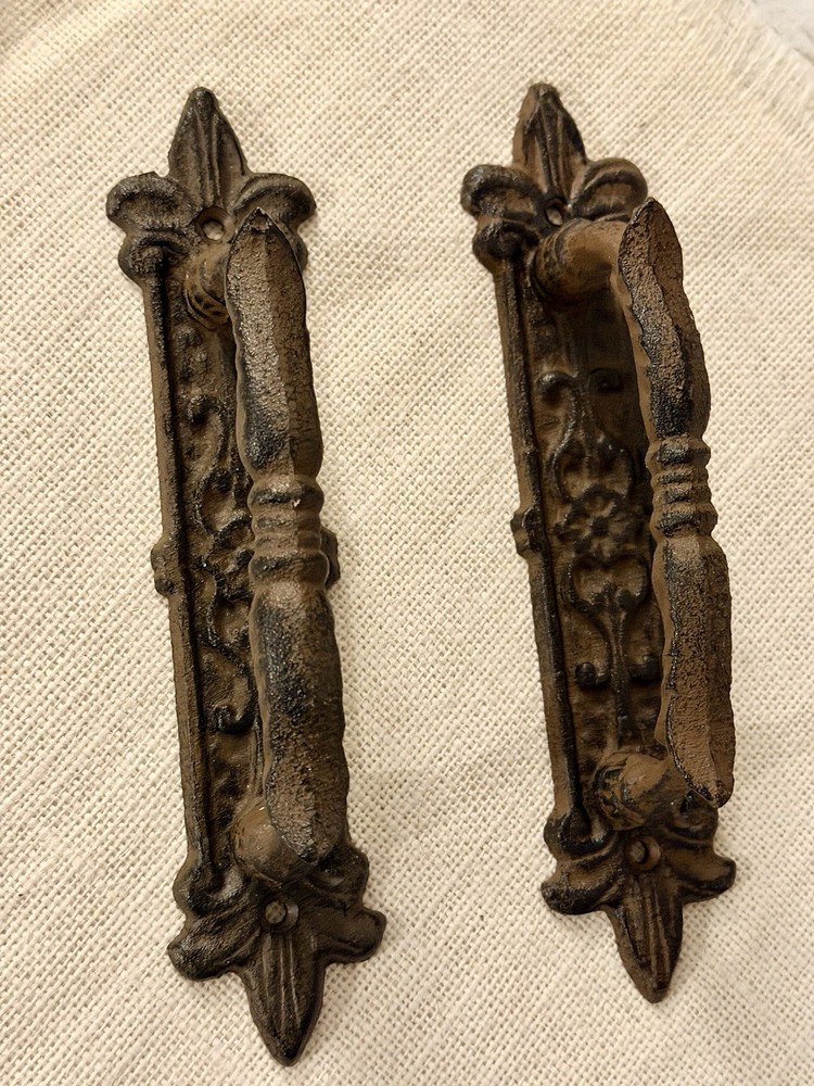 2 Large Victorian Door Handle Pull Cast Iron Fleur De Lis Design Rustic Gothic