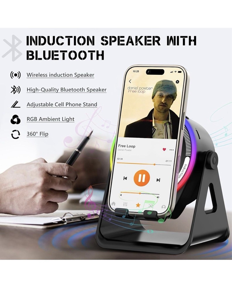Bluetooth Wireless Induction Speaker, Adjustable Stand, RGB Ambient Light