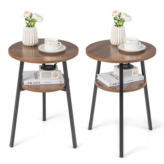 2-Tier Round End Table Set of 2 with Open Shelf and Triangular Metal Frame-Walnu