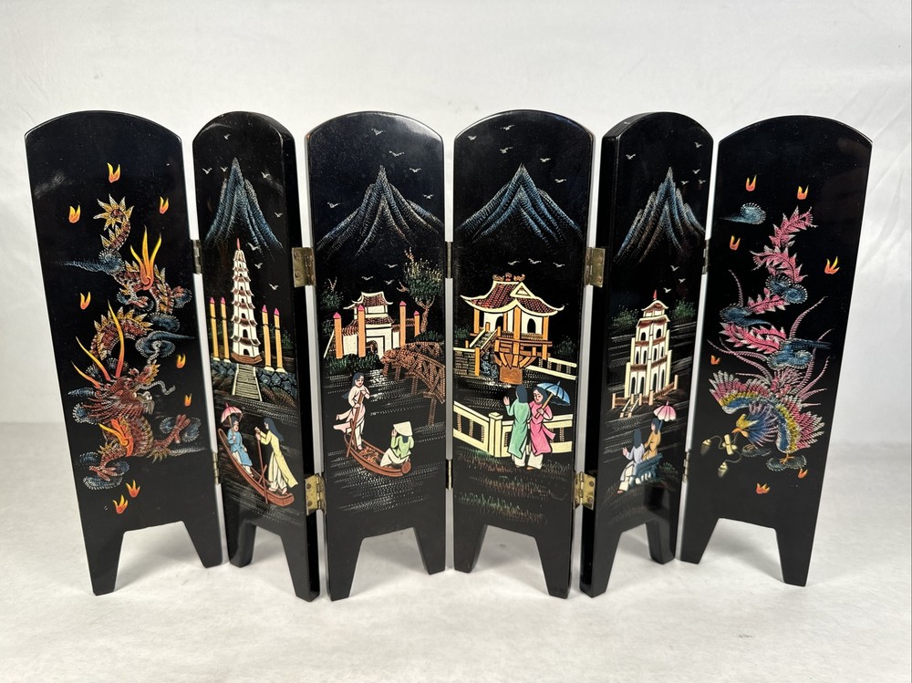 VTG Mini Oriental Folding Screen Divider 6 Panel Lacquer Wood Reversible