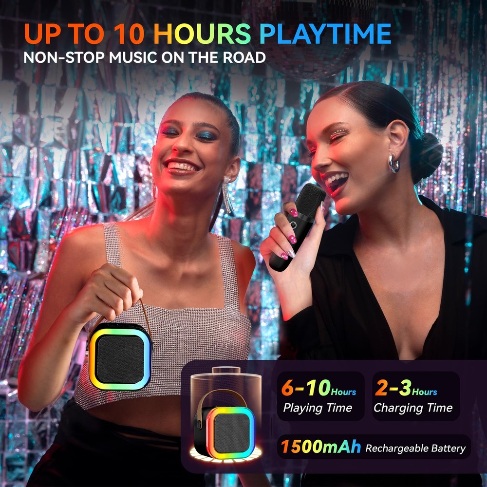 Portable Karaoke Machine with Bluetooth Dual Wireless Mics and Lighting Effects